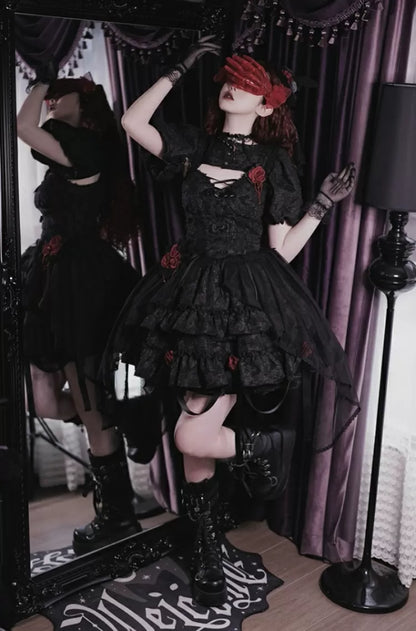 Waist 59-76CM Clearance-Size Lolita Bleeding Black S Rose for Skirt Gothic