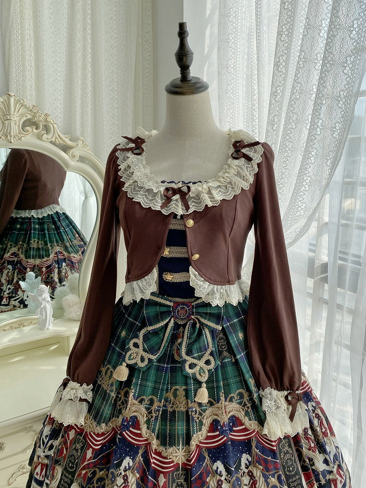 mit Ärmelakzenten, zarter Spitzen-Cardigan und kaffeefarbener Schleife, gemütlicher langer Besatz