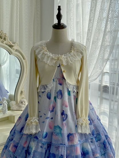 Light with Lace Edging Yellow Cropped Cardigan Triple Bow-Detailed Design