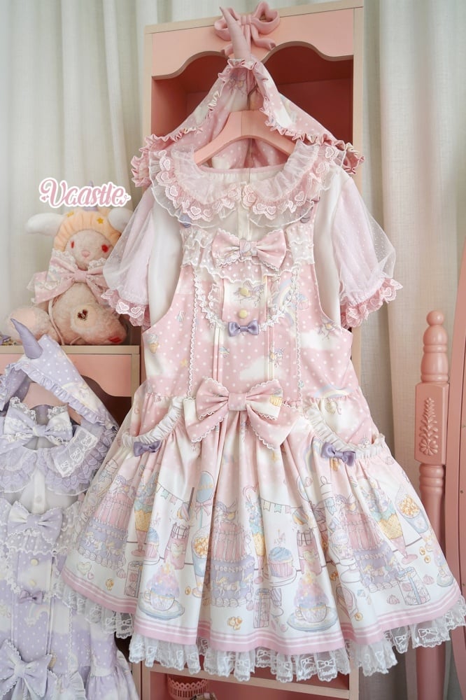 Unicorn and Dessert Pink Sweet Lolita Detachable Hooded Overall Dress