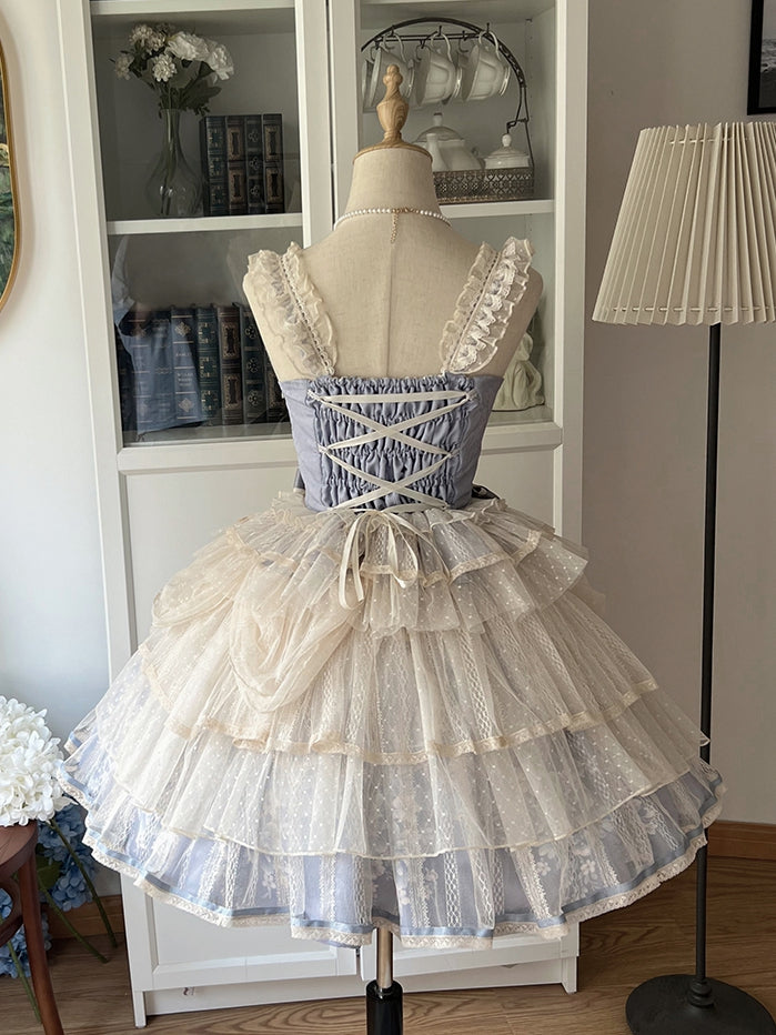 Skirt Corset Blue Boned Balletcore + Print Top Floral Lolita Princess