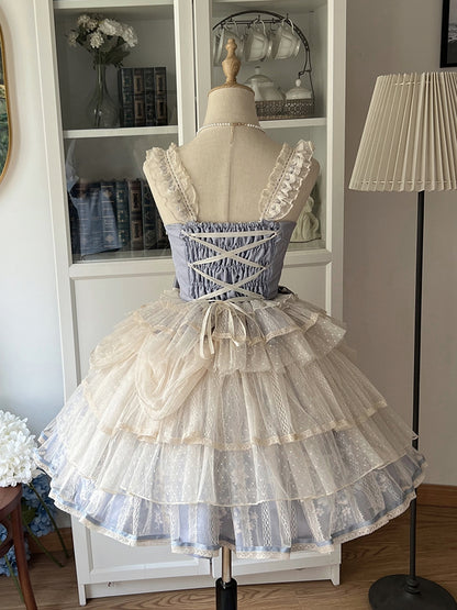 Skirt Corset Blue Boned Balletcore + Print Top Floral Lolita Princess