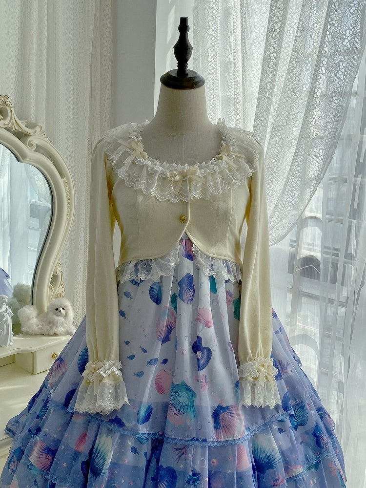 Light with Lace Edging Yellow Cropped Cardigan Triple Bow-Detailed Design