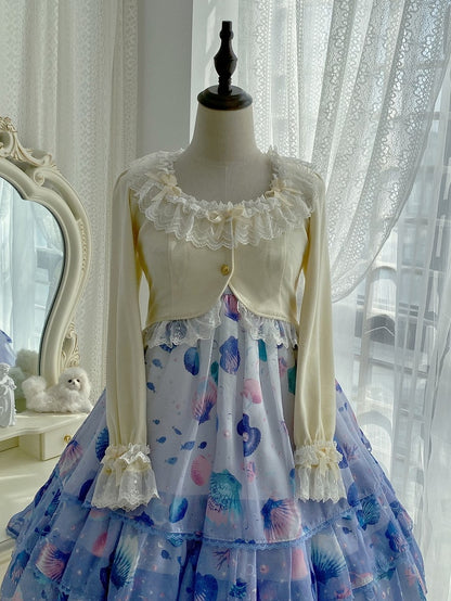 Light with Lace Edging Yellow Cropped Cardigan Triple Bow-Detailed Design