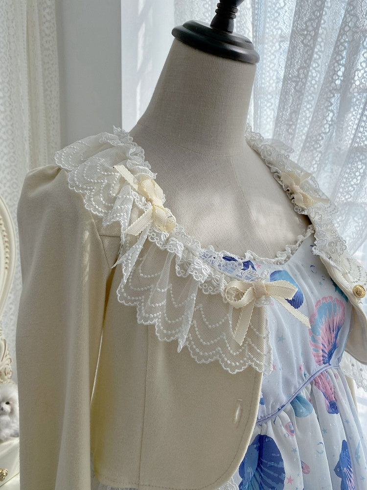 Light with Lace Edging Yellow Cropped Cardigan Triple Bow-Detailed Design
