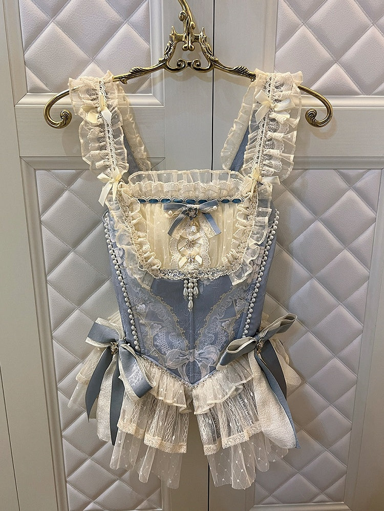 Skirt Corset Blue Boned Balletcore + Print Top Floral Lolita Princess