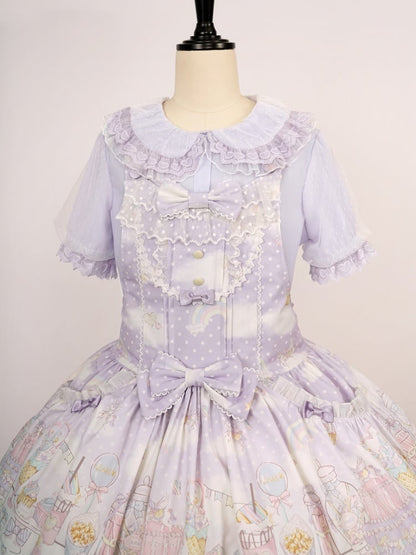 パープルのフリルトリム、ピーターパンカラーの半袖ブラウス