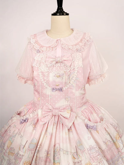 ピンクのフリルトリミングのピーターパンカラー半袖ブラウス