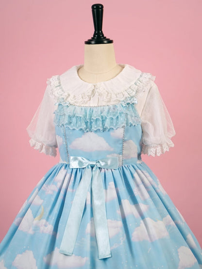 White Ruffle Trimming Peter Pan Collar Short Sleeves Blouse