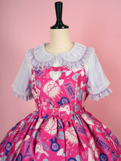 ホワイトとパープルのフリルトリム、ピーターパンカラーの半袖ブラウス