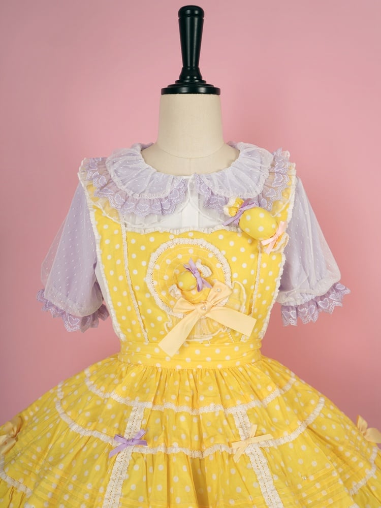 ホワイトとパープルのフリルトリム、ピーターパンカラーの半袖ブラウス