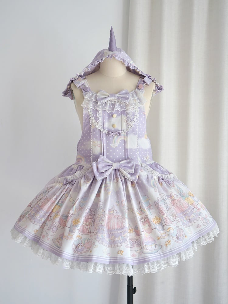 Süßes Lolita-Overallkleid mit abnehmbarer Kapuze und Einhorn und Dessert, Lila