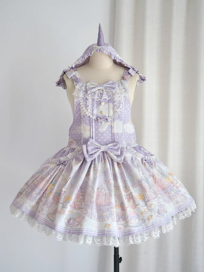 Süßes Lolita-Overallkleid mit abnehmbarer Kapuze und Einhorn und Dessert, Lila