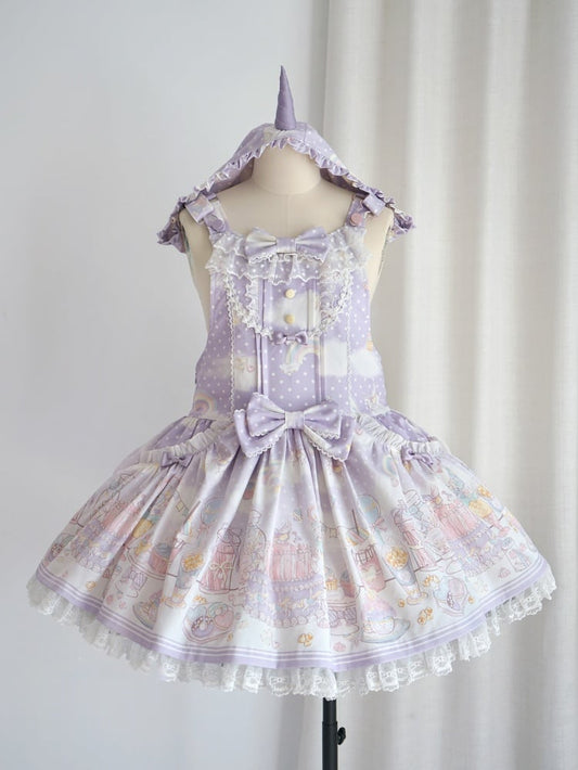 Süßes Lolita-Overallkleid mit abnehmbarer Kapuze und Einhorn und Dessert, Lila