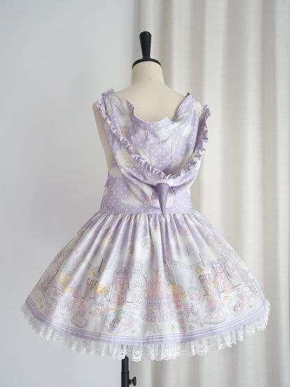 Süßes Lolita-Overallkleid mit abnehmbarer Kapuze und Einhorn und Dessert, Lila