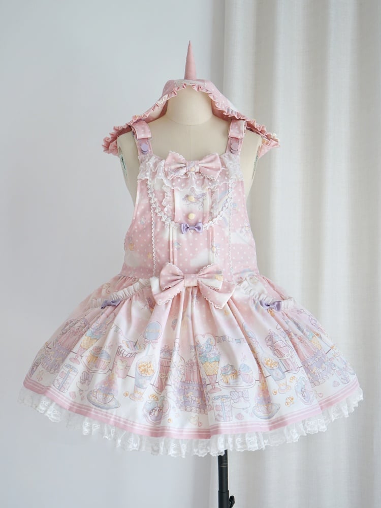 Unicorn and Dessert Pink Sweet Lolita Detachable Hooded Overall Dress