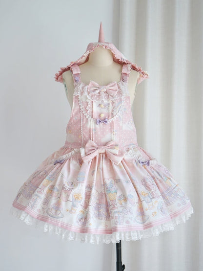 Unicorn and Dessert Pink Sweet Lolita Detachable Hooded Overall Dress