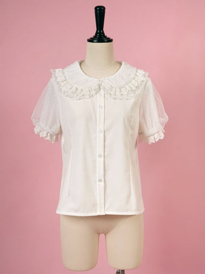 White Ruffle Trimming Peter Pan Collar Short Sleeves Blouse