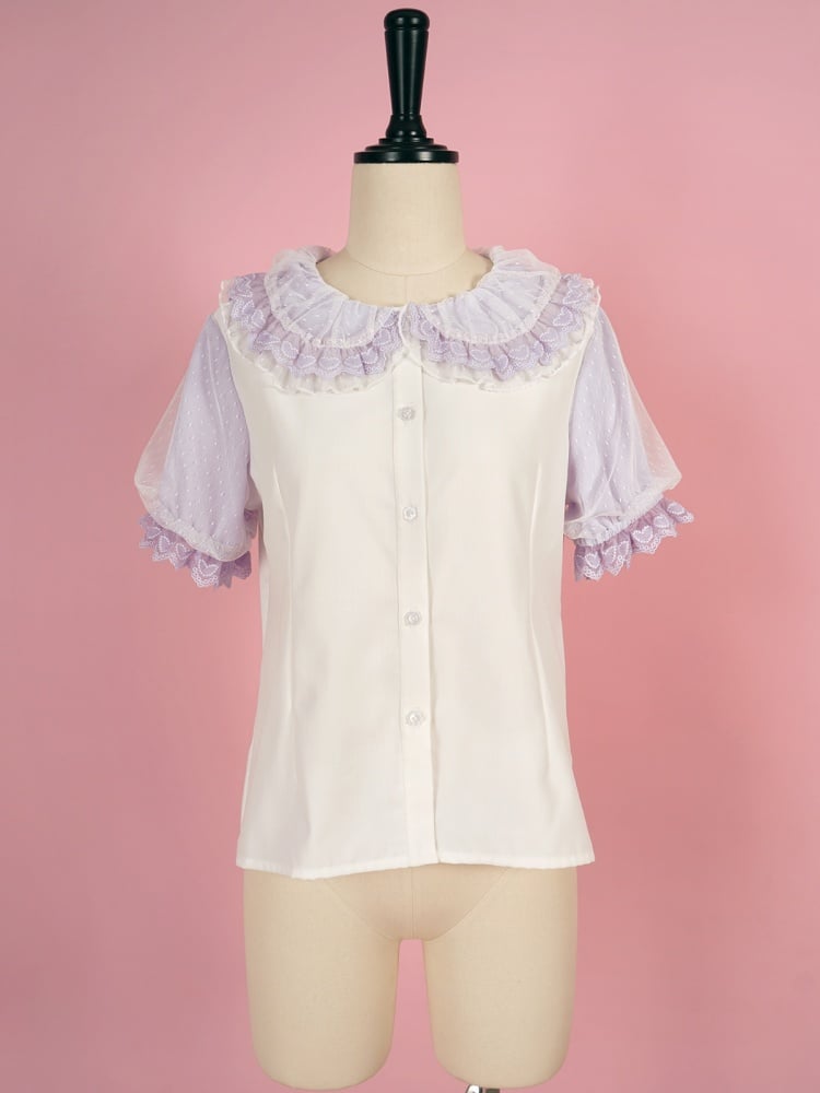 ホワイトとパープルのフリルトリム、ピーターパンカラーの半袖ブラウス