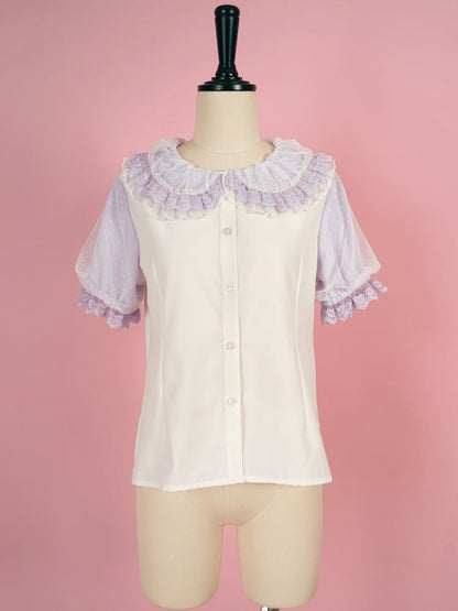 ホワイトとパープルのフリルトリム、ピーターパンカラーの半袖ブラウス