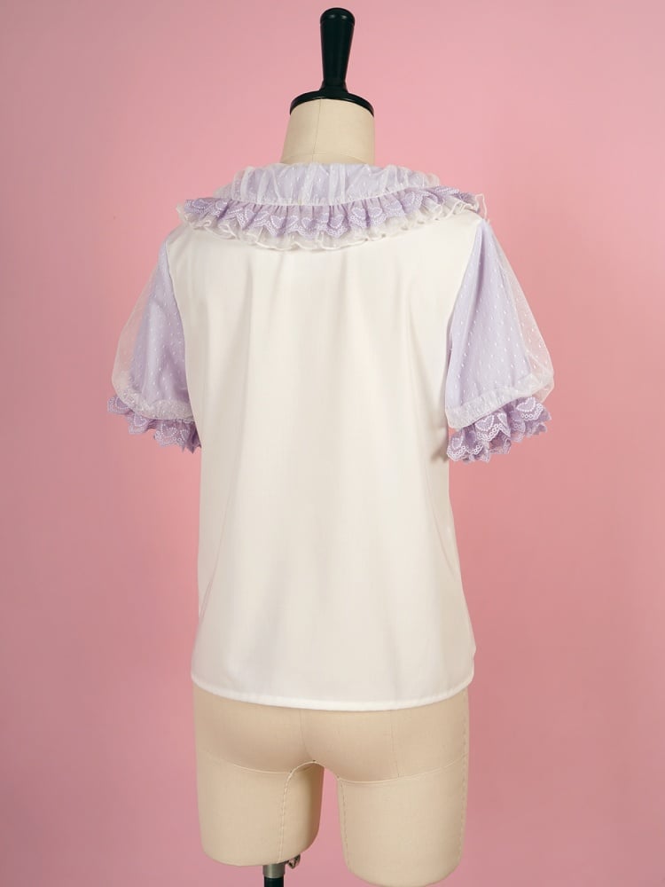 ホワイトとパープルのフリルトリム、ピーターパンカラーの半袖ブラウス