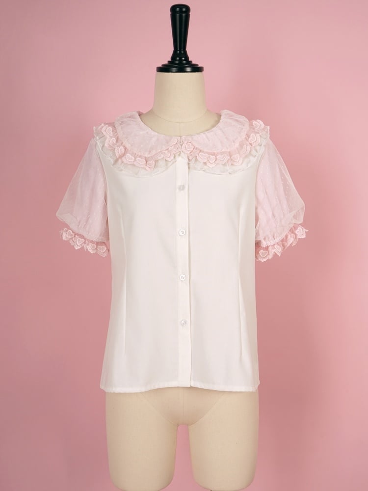 ホワイトとピンクのフリルトリムのピーターパンカラー半袖ブラウス