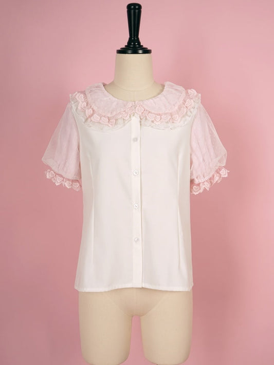 ホワイトとピンクのフリルトリムのピーターパンカラー半袖ブラウス