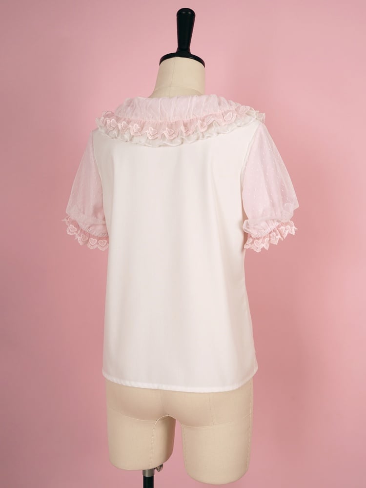 ホワイトとピンクのフリルトリムのピーターパンカラー半袖ブラウス