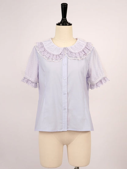 パープルのフリルトリム、ピーターパンカラーの半袖ブラウス
