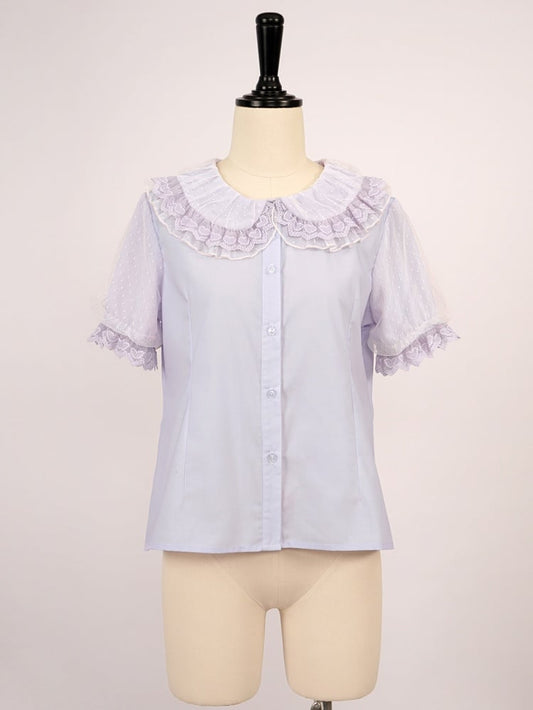 パープルのフリルトリム、ピーターパンカラーの半袖ブラウス