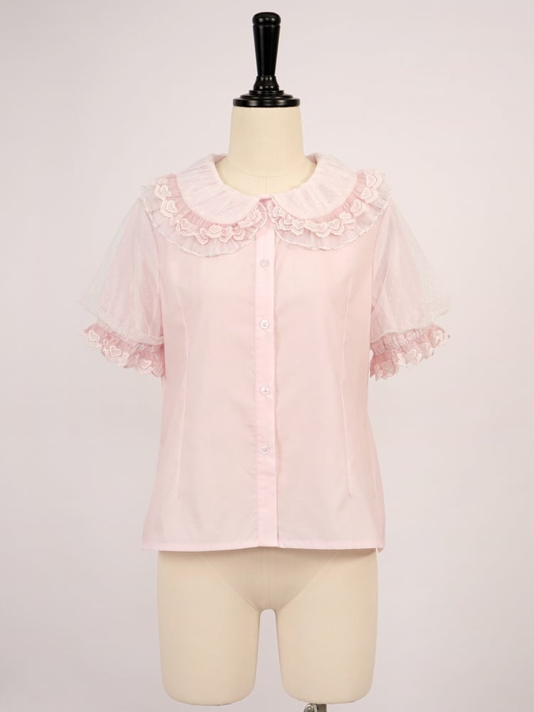 ピンクのフリルトリミングのピーターパンカラー半袖ブラウス