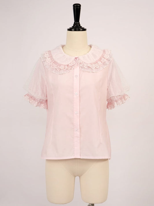 ピンクのフリルトリミングのピーターパンカラー半袖ブラウス