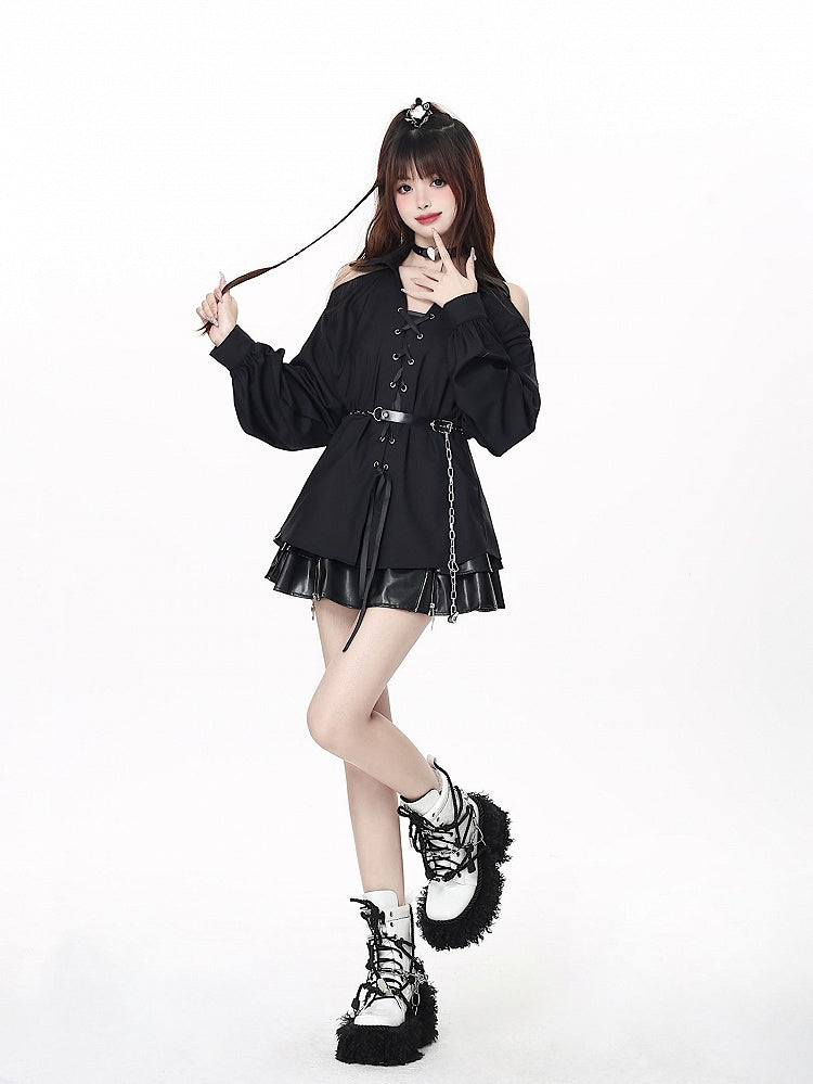 with Open-shoulder Free Lace-up Black Shirt Chain Waist