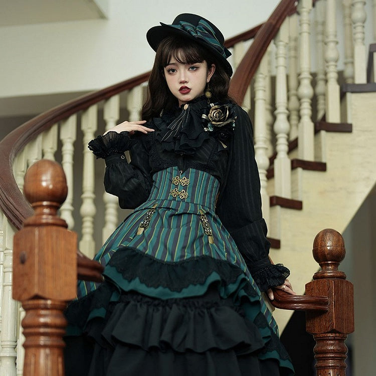 Bluse Gothic Kragen / Weiß Dunkel – Blau) Verfügbar Rot Hoch Farben Lolita Stoff 4 Gewaschen in Wildleder (Schwarz