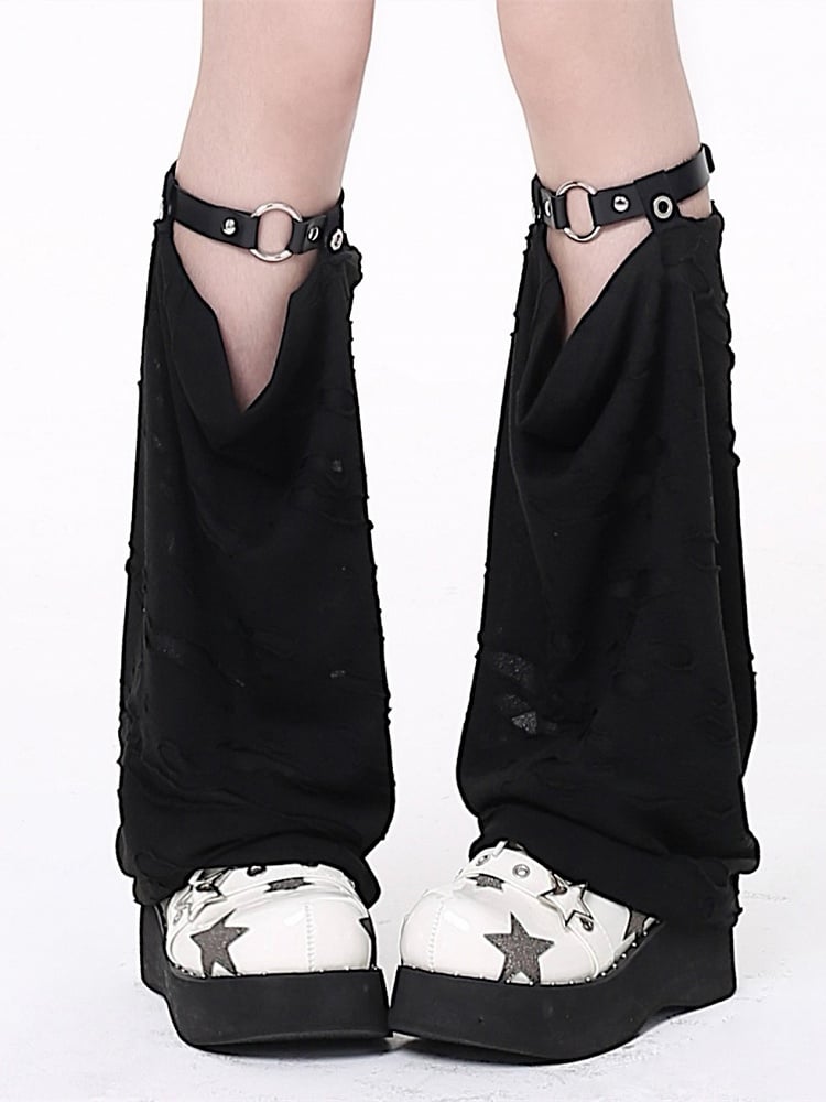 Leg Distressed Holes Design Black Warmers
