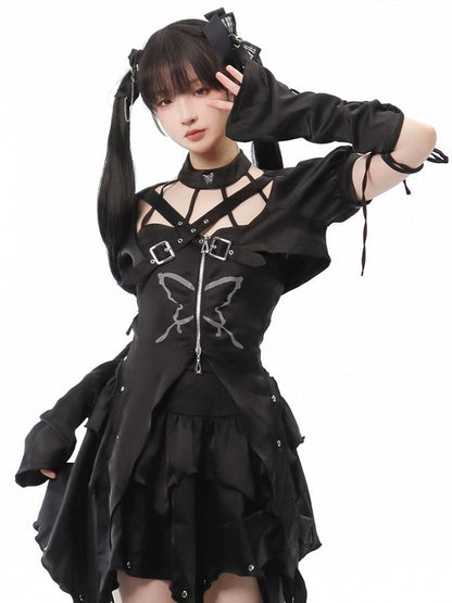 Kurzes Top + Schnürset, unregelmäßiger Aufdruck, schwarzes Neckholder-Top + Schmetterlingsärmel