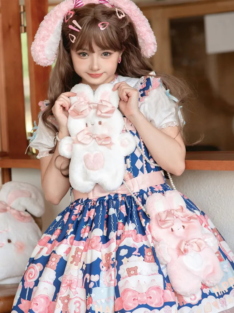 Clearance-Bowknots Pink Rabbit-shaped Crossbody Plush Details