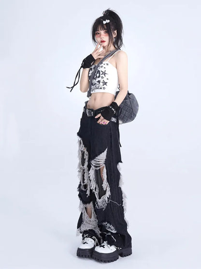 フリンジデザイン ダメージ加工 ロウ ブラックホールズ ジーンズ