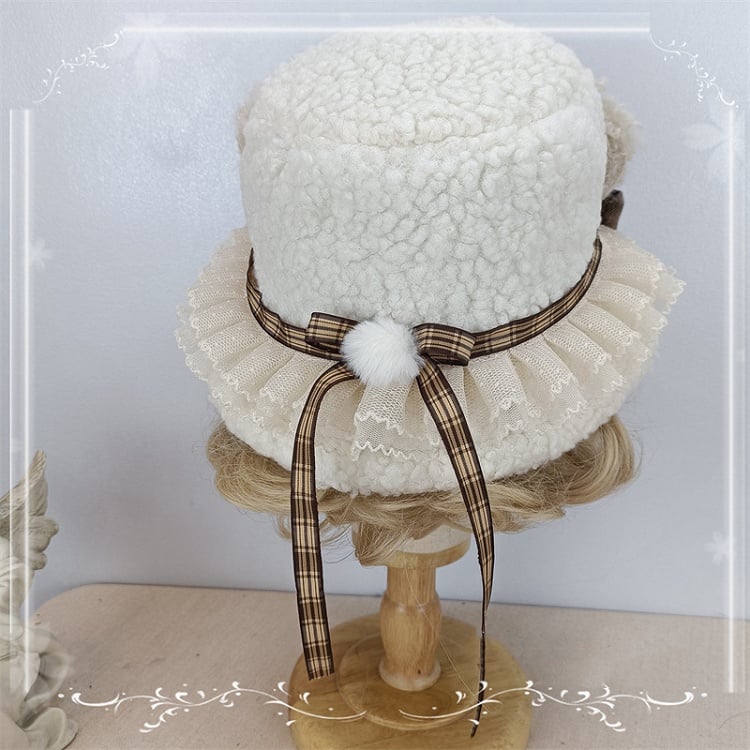 Plush / Trim Creamy Bucket Beige Bowknots Yellow Hat Lace Light