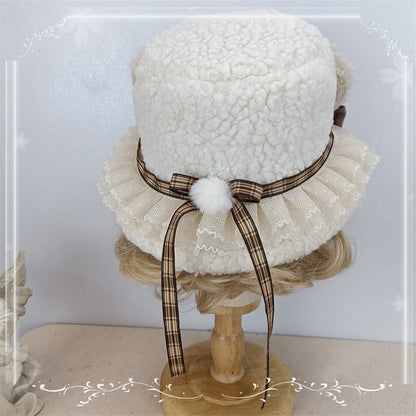 Plush / Trim Creamy Bucket Beige Bowknots Yellow Hat Lace Light