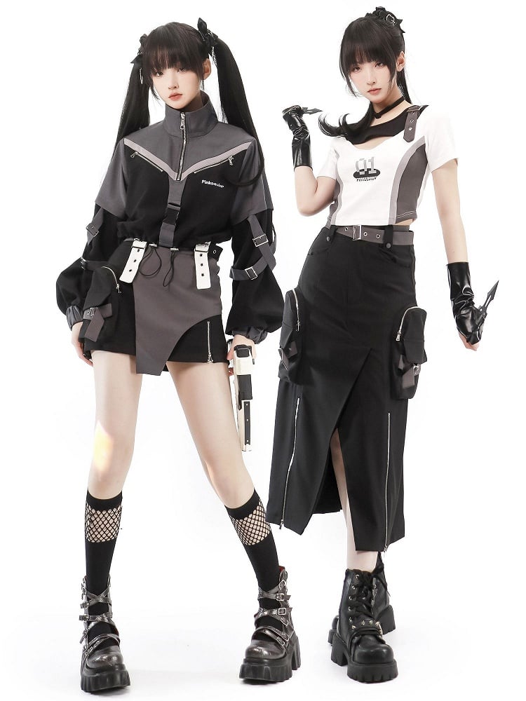 カーゴロングテックウェアウェイストランドブラックスリットスカート