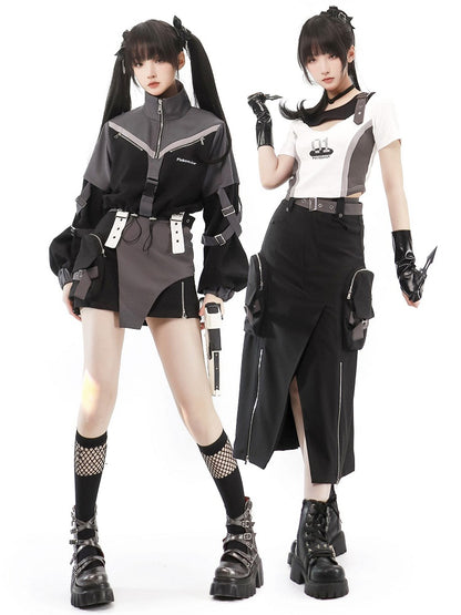 Techwear Cargo Skirt with Long Slit in Black - PINK SAVIOR