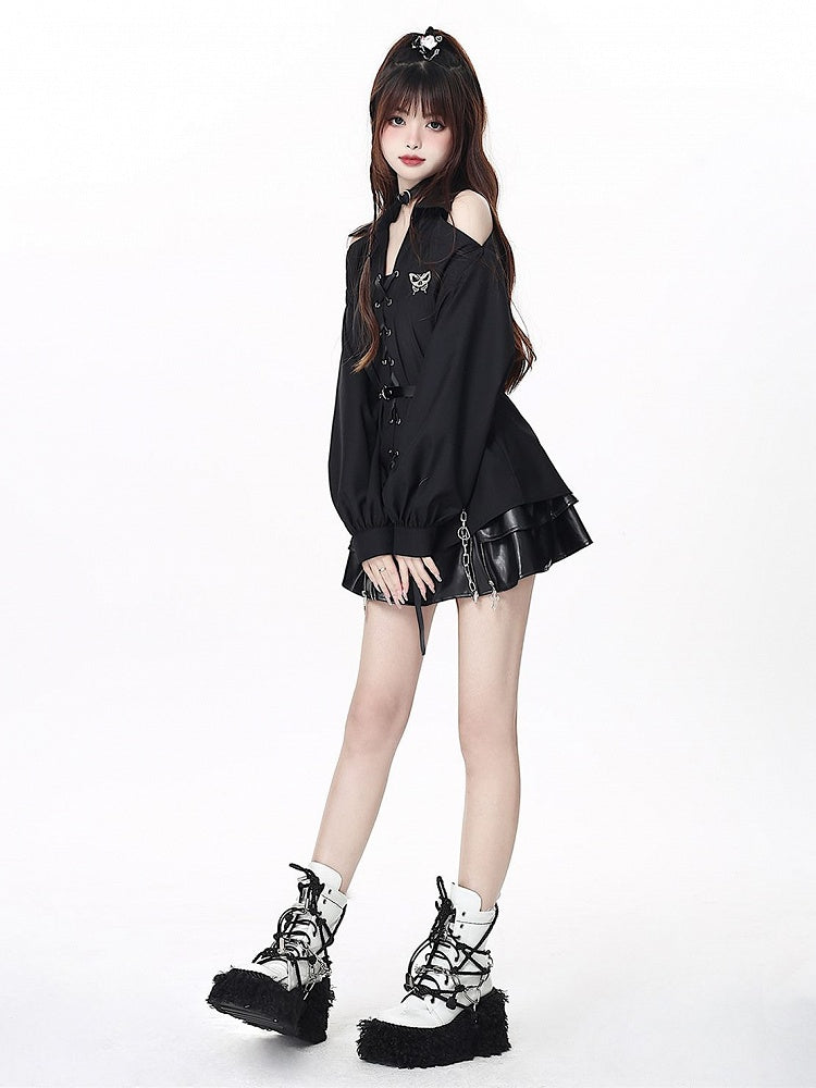 with Open-shoulder Free Lace-up Black Shirt Chain Waist