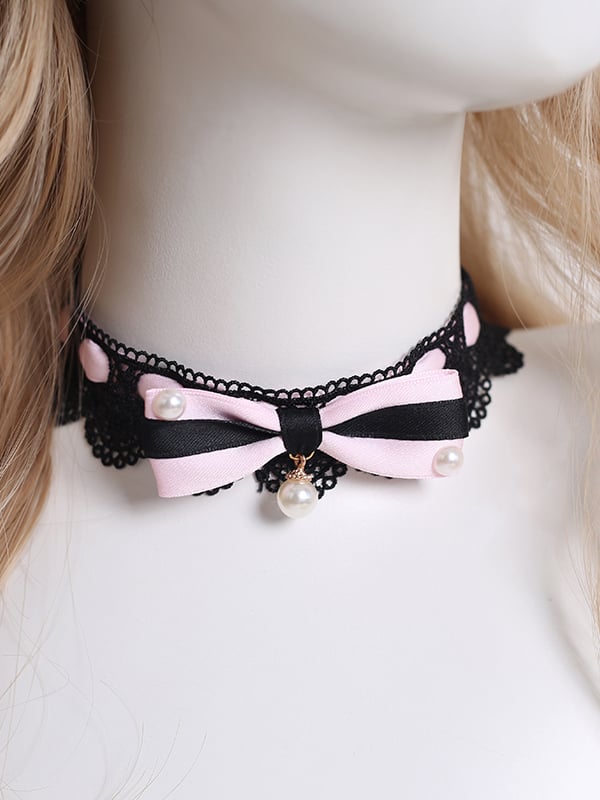 Handmade Bowknot Choker in Black and Pink Lace - Little Ghost