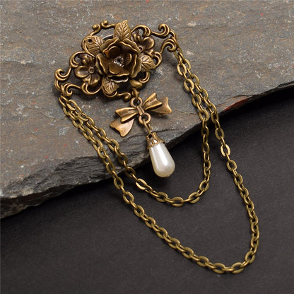 スチームパンクなリボンラインストーンローズブローチ