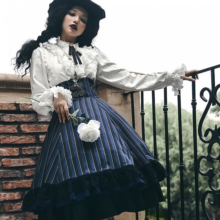 Bluse Gothic Kragen / Weiß Dunkel – Blau) Verfügbar Rot Hoch Farben Lolita Stoff 4 Gewaschen in Wildleder (Schwarz