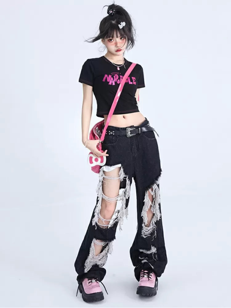 フリンジデザイン ダメージ加工 ロウ ブラックホールズ ジーンズ