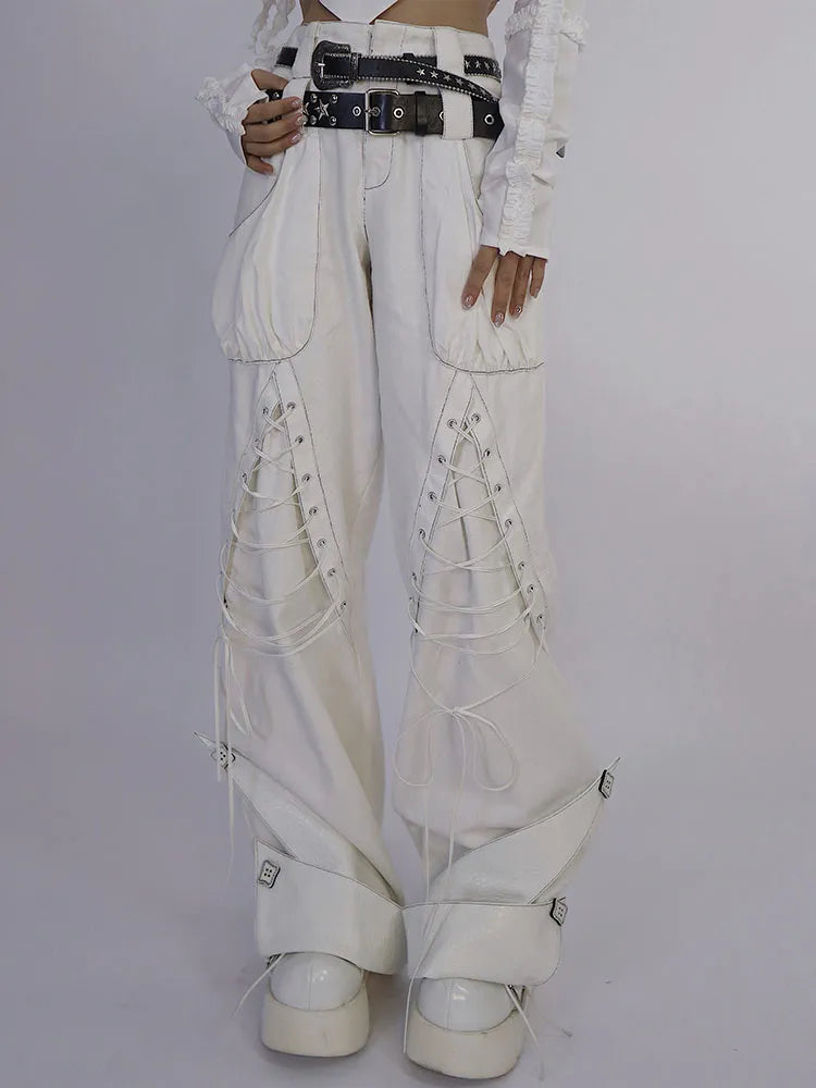 ウエストバンドデニムディテール（ウエストベルトダブルパンツレースアップホワイト付属）