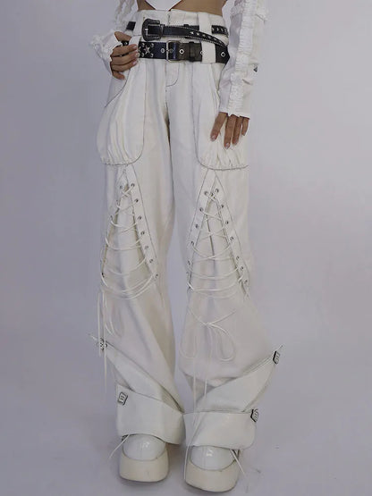 ウエストバンドデニムディテール（ウエストベルトダブルパンツレースアップホワイト付属）