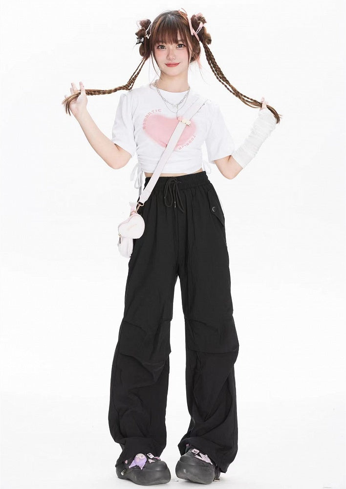 Print Design Drawstring Side Heart T-shirt White